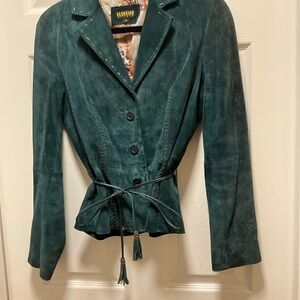Elegant Teal Suede Blazer with Belt